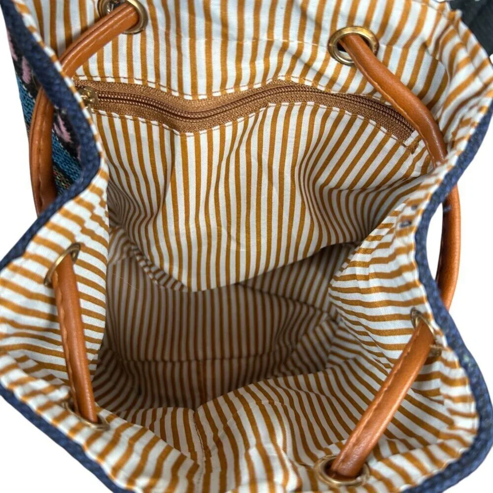 Boho Western Aztec Bucket Bag Fringe Backpack Crossbody Cinched Brown - Picture 8 of 8